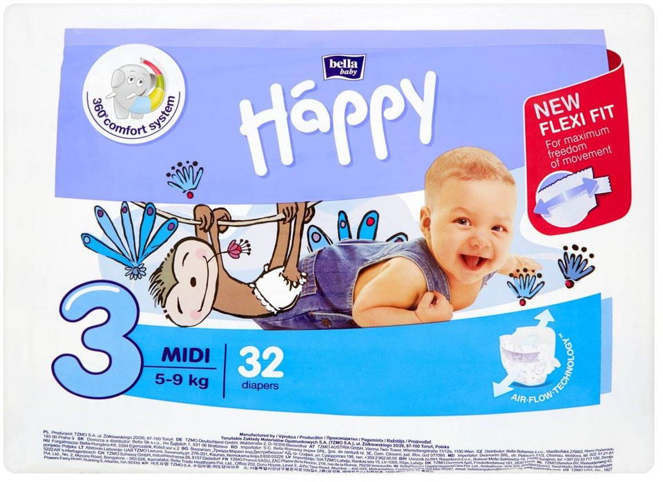 Pieluszki dla dzieci Happy Midi 32 SZT